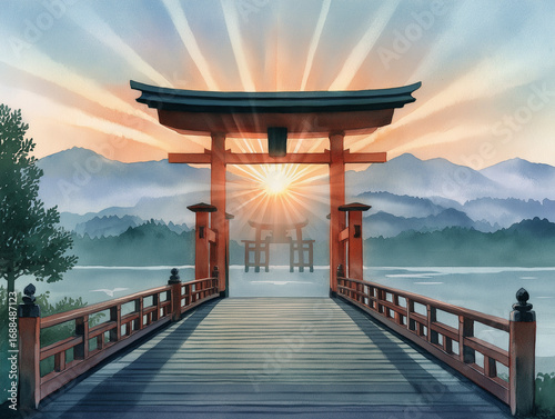 鳥居から登る朝日　伊勢神宮　イラスト