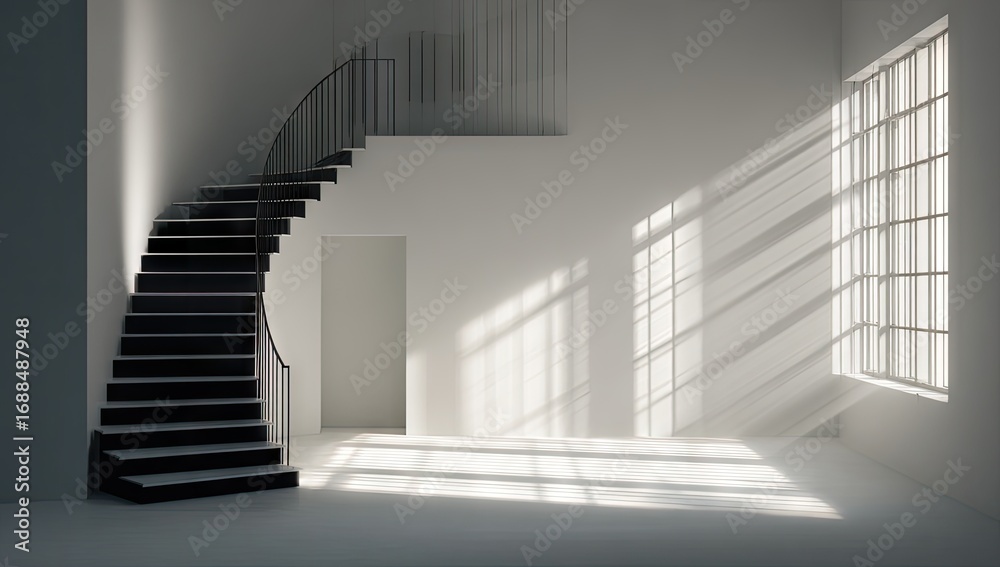 Fototapeta premium Modern, minimalist interior with a curved staircase