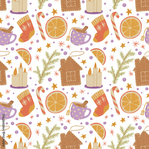 Seamless festive pattern with socks, candy canes, orange slices, stars, candles, and fir sprigs. Cozy Christmas design for wrapping paper, packaging, textiles, stationery, and season decor.