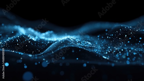 Abstract digital landscape of glowing blue particles.  Waves of light and dots form a textured,  three-dimensional effect against a dark background