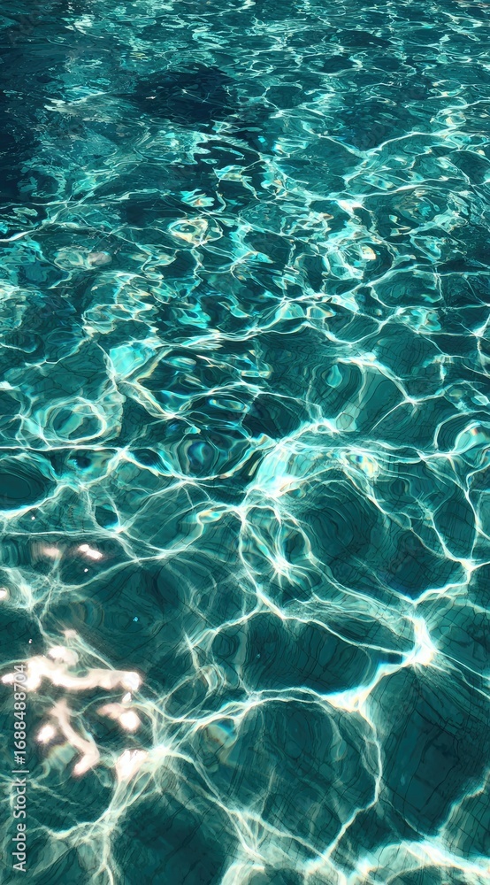 Fototapeta premium Shimmering, teal water with sun-dappled reflections dances across the surface. Light and shadows create an abstract, inviting texture that feels cool and serene