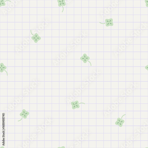Seamless pattern with Shamrocks repeated scattered on line. Clover leaf hand-drawn doodle pattern vector. St Patrick's Day symbol for textile, wallpaper, apparel, pajamas, card, wrapping, stationery.