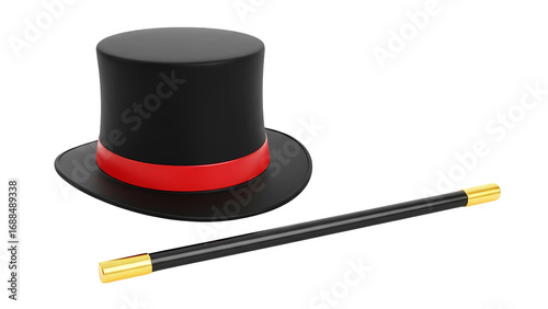 Black magic top hat and wand for magician performance equipment show trick illusionist accessory costume prop on transparent background