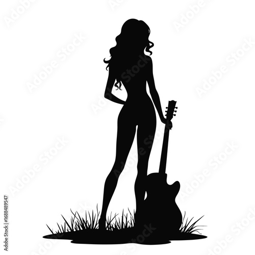 Black silhouette of a woman with long wavy hair holding an electric guitar standing in grass