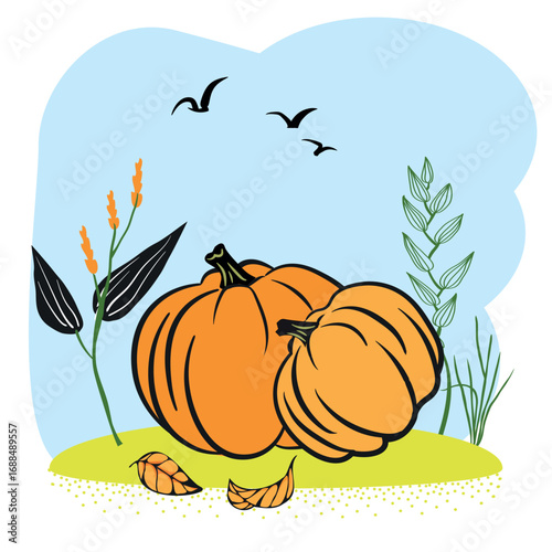 Rural landscape. With rustic scenes, leaves, pumpkins, birds