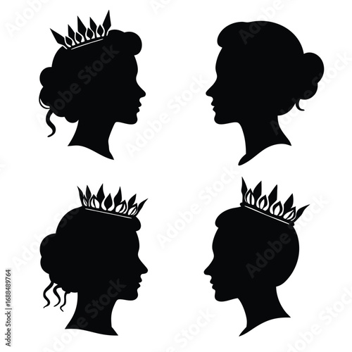 Four Black Silhouette Profiles of Women with Crowns