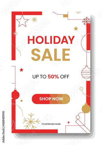 A vibrant holiday sale banner with festive red and gold decorations, offering significant discounts for seasonal shopping promotions and e-commerce marketing.