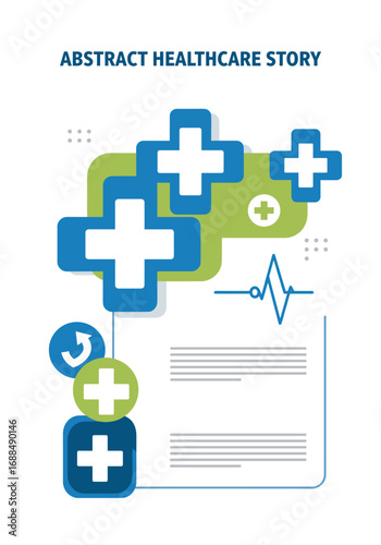 This modern vector illustration abstractly depicts healthcare innovation, medical data management, and digital wellness services with stylized crosses.