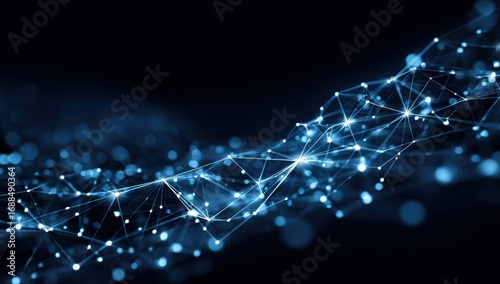 Abstract network graphic.  Dark background with a flowing, interconnected network of light blue points and lines.  Bokeh effect around the points adds depth