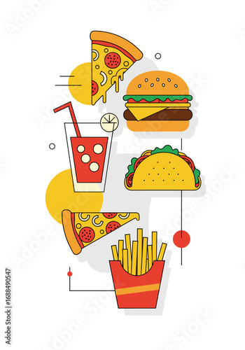 A vibrant collection of popular fast food items, including pizza, burgers, tacos, and fries, illustrated in a modern flat vector style, ideal for digital menus.