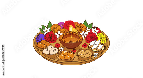 A beautifully arranged traditional Indian puja thali featuring a glowing diya, vibrant flowers, and an assortment of delicious festive sweets for cultural celebrations.