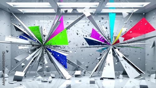 Video of Abstract geometric explosion in room: A dynamic composition of shattering abstract forms in a room, bursting forth with vibrant colors.