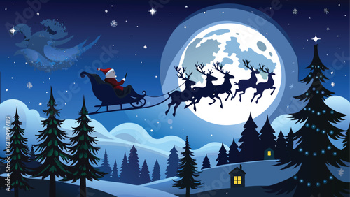 A whimsical Christmas illustration of Santa's sleigh silhouetted against a starry night sky with a full moon over a snow-covered winter forest
