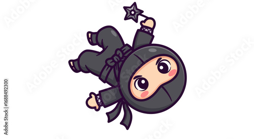 Cute cartoon ninja character in a black suit, jumping and holding a shuriken star.