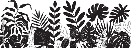 Silhouette of spring and summer tropical plants and flowers. Horizontal pattern. Vector illustration of nature ficus, palm, monstera, fern, black and white color isolated on white background