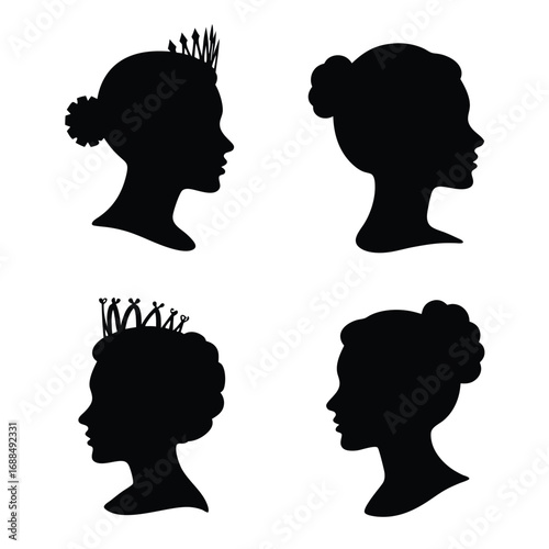 Four black silhouettes of women's profiles wearing crowns and buns