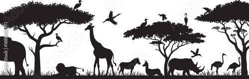Dinosaur landscape silhouette with trees, flying birds, prehistoric animals walking, black vector illustration for kids, nature scene, clipart bundle