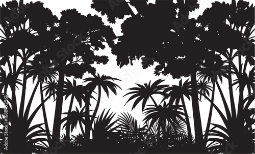 Jungle Landscape Vector with Rainforest Silhouettes – Horizontal Panoramic Black Border with Palms, Trees, and Bushes