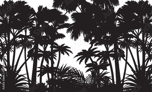 Jungle Landscape Vector with Rainforest Silhouettes – Horizontal Panoramic Black Border with Palms, Trees, and Bushes