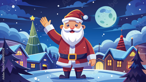 Merry Christmas celebration with Santa Claus and a snowman in a winter wonderland, giving gifts and wishing everyone a happy new year