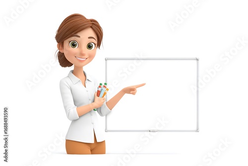 A smiling female teacher pointing at a blank whiteboard while holding colorful markers, friendly pose, 3d animation, isolated on a white background