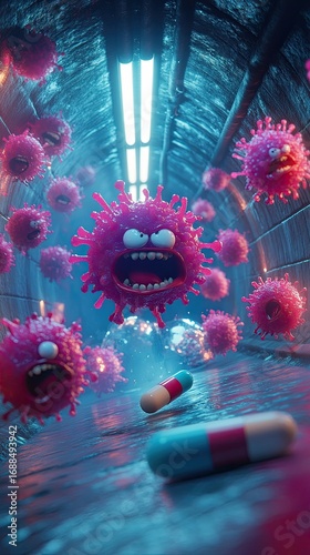A colorful depiction of animated viruses in a futuristic tunnel, showcasing the battle between microorganisms and medicine in a vibrant environment.