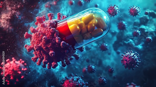 A visually striking representation of a capsule surrounded by virus particles, symbolizing the intersection of medicine and infectious diseases.
