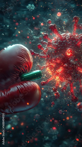 A vivid representation of the battle against viruses, showing a boxing glove punching a virus, symbolizing resilience and scientific progress.