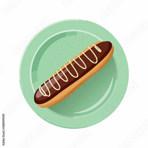 Flat Lay Style Chocolate Eclair on Green Plate Sweet Food Pastry