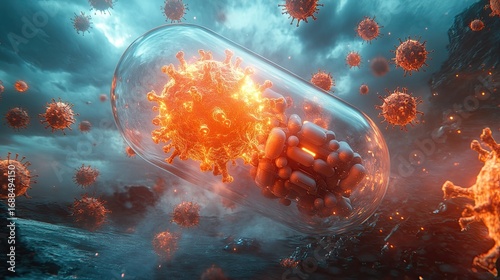 An imaginative representation of a pill releasing viruses into a dramatic environment, symbolizing the battle against infections and diseases.