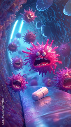 An imaginative representation of colorful, angry viruses within a digital environment, highlighting the battle between germs and medicine.