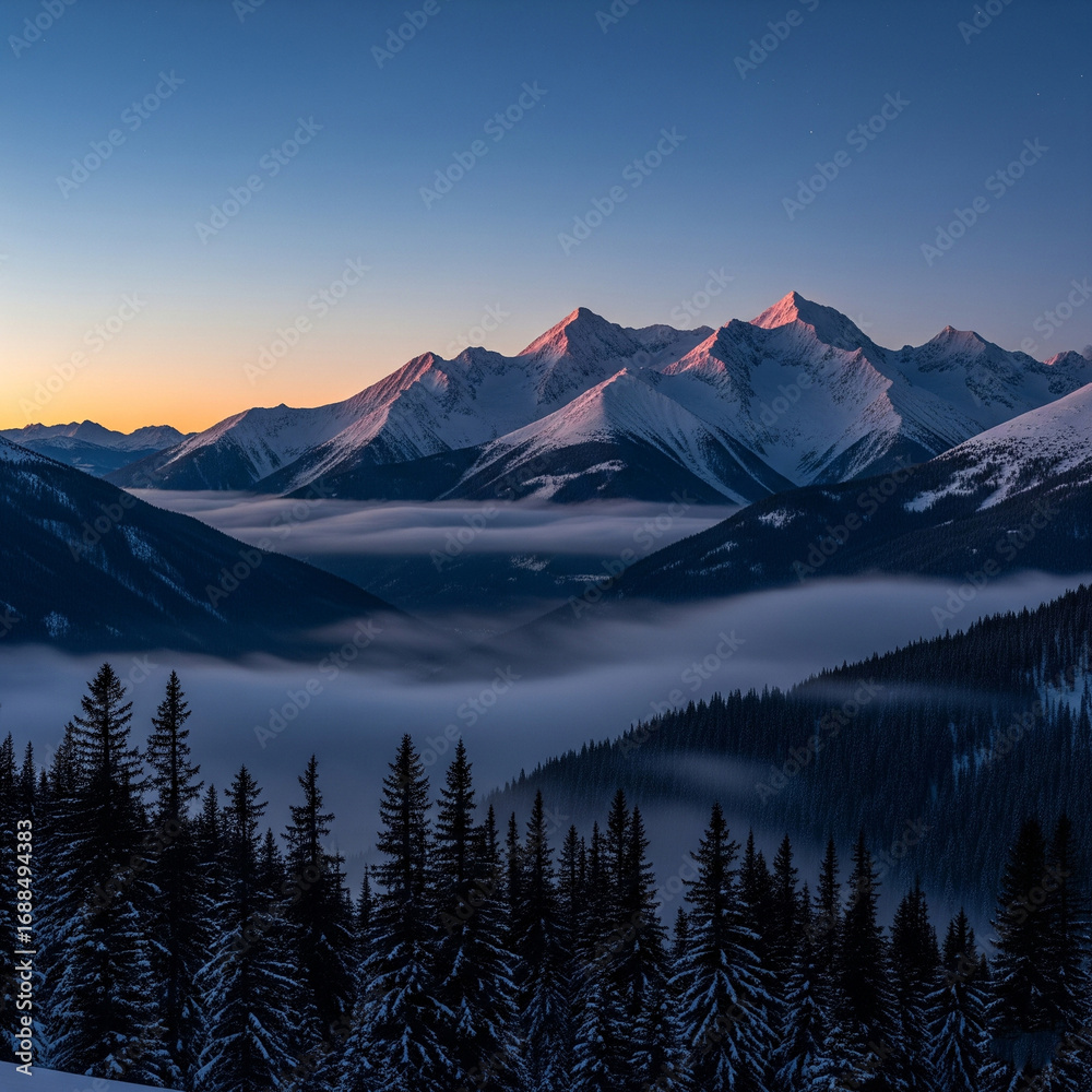 Obraz premium Snowy mountain peaks rise above a sea of fog at sunrise in the alps