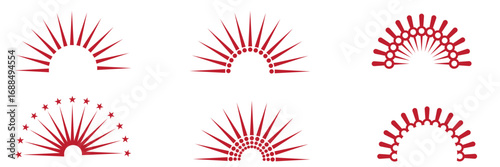 Half sunburst decorative vector design. Elegant golden half sunburst designs on a dark background, perfect for decoration, luxury branding, logo design, or digital artwork. Sun rise set.

