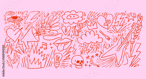 Crayon drawn punk doodles with hearts, skull, guitar, lightning, lips, edgy sketch symbols in red ink on pink background. Rock pencil chalk illustration for posters, prints.