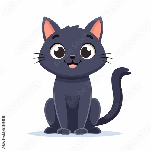 Cartoon Style Cute Black Cat Sitting with Big Eyes Illustration