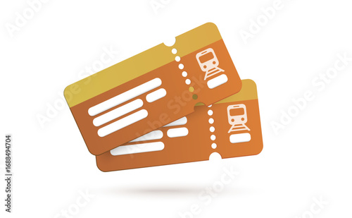 3d pair of train tickets in orange and yellow tones, representing railway travel, commuting, and public transportation. 3d subway ticket icon in vector illustration. Vector illustration