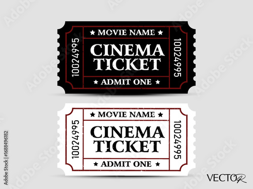 Vintage cinema ticket vector set featuring black and white Admit One stubs with distressed texture, retro typography, editable layout, isolated background. Movie ticket in 3d vector illustration