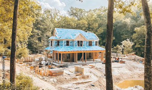 New Home Construction Amidst Forest, Blue Wrap and Wooden Framin