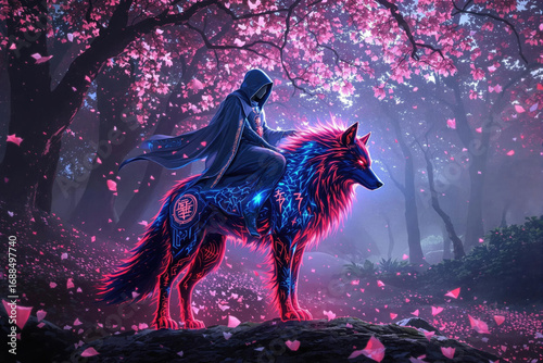 Hooded Figure Riding Glowing Wolf in Pink Cherry Blossom Forest Illustration rider