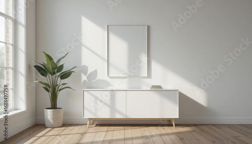 Interior scene with white wall blank frame sideboard plant and wooden floor with sunlight