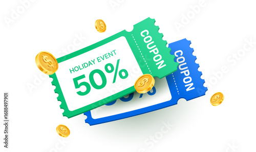 3D discount coupons with 50% holiday event offer, decorated with golden coins, isolated on white background. Gift voucher card template in 3d vector illustration. Vector illustration