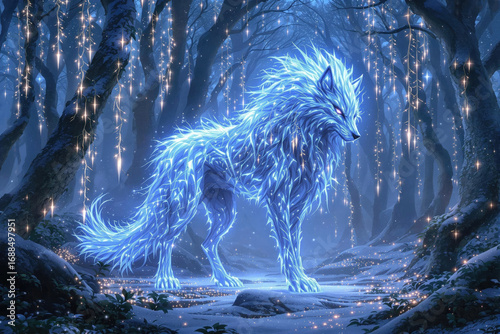 Luminous blue wolf in a winter forest with glowing lights and a magical ethereal atmosphere