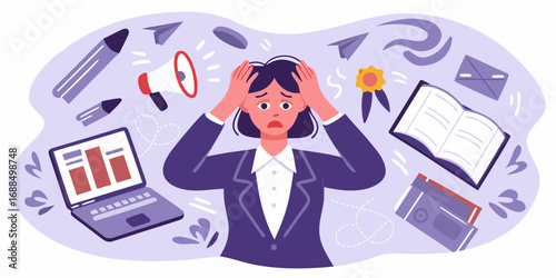 Overwhelmed businesswoman with hands on head surrounded by chaotic office supplies and tasks