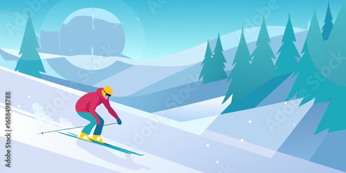 Stylized illustration of a skier descending a snow covered mountain slope with pine trees and a bright sky