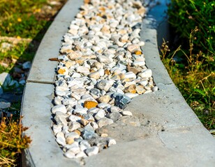 Gray curb with a colorful gravel border