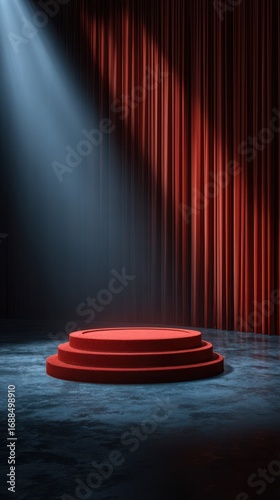 Red carpet stage illuminated by dramatic lighting in a theater setting during a performance rehearsal