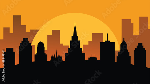 Chicago and Los Angeles city skylines at sunset, with a vector illustration of the urban architecture
