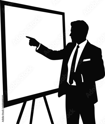 Man in suit pointing at blank board finger