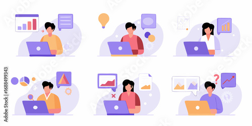 Diverse individuals working on laptops with various business data charts and analysis illustrations