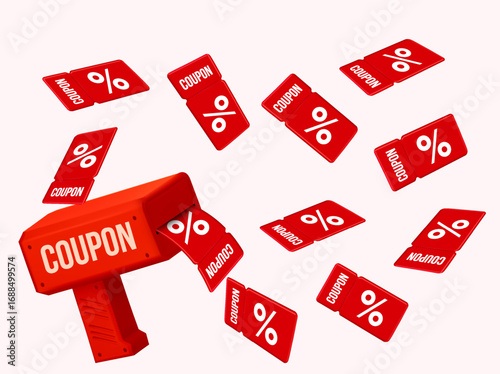 3D red coupon gun blasting flying percentage discount coupons, isolated on light background. 3d modern promo vector for sales, marketing, and e-commerce campaigns. Vector illustration